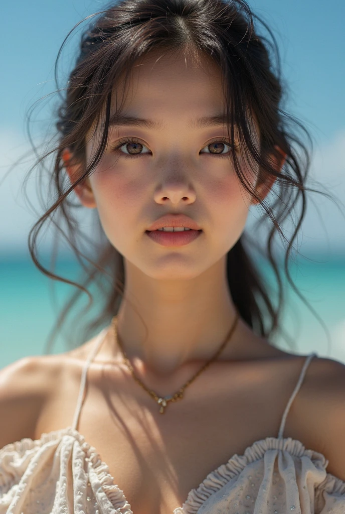 best quality, Masterpiece, High resolution, Surrounded by beaches, Very beautiful face, pure body, The pores are clearly visible., (smile:0.8), Wear separately (Lace headband:1.2), (realism:1.5), original photo, Wet body, pure body, The pores are clearly visible., (smile:0.8), Wear separately (Lace headband:1.2), (realism:1.5), original photo, body drenched, covered with sweat, bare shoulders, in the dark, deep shadow, low voice, cool light