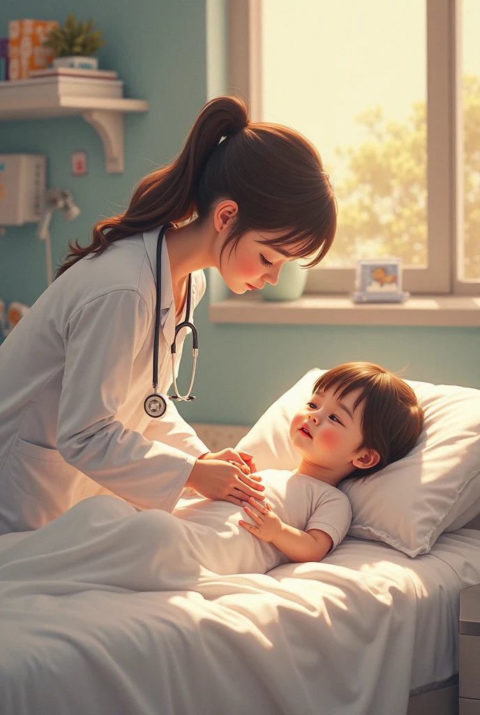 Create an image of a child in the hospital admiring a nurse