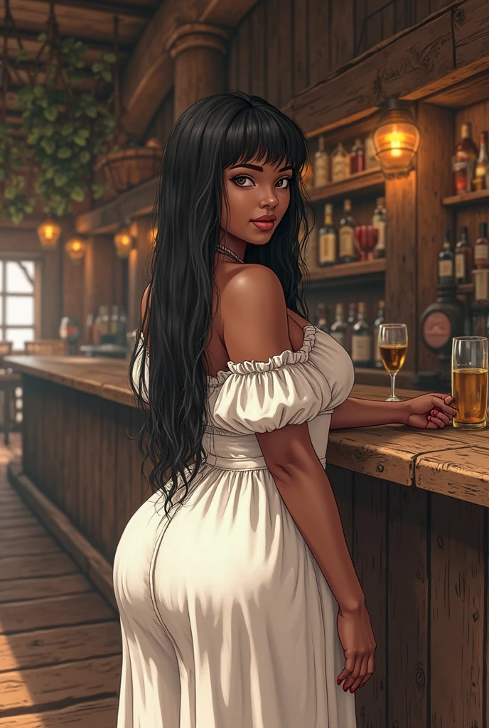 Dark-skinned_female, dress, poitrine, gros seins, voluptueux, cuisses épaisses, hanches larges, gros cul, cul massif, dreadlocks, haute résolution, regarder la visionneuse, poser sexuellement, city, Regard séduisant, drinking, cup, night, sitting