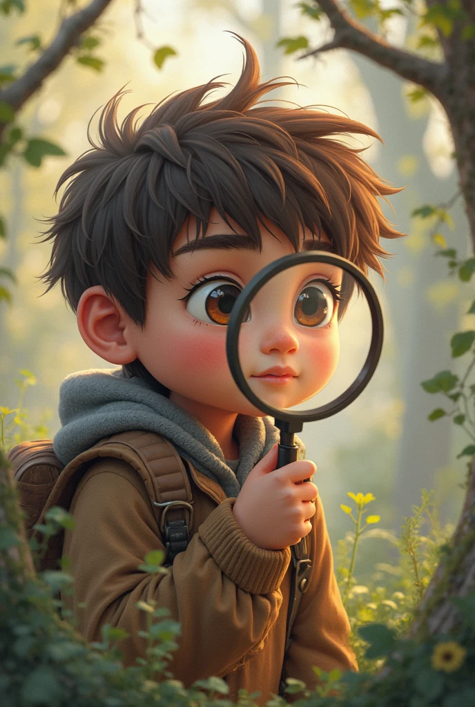 A boy, searching with a magnifying glass, for butterfly in the tree