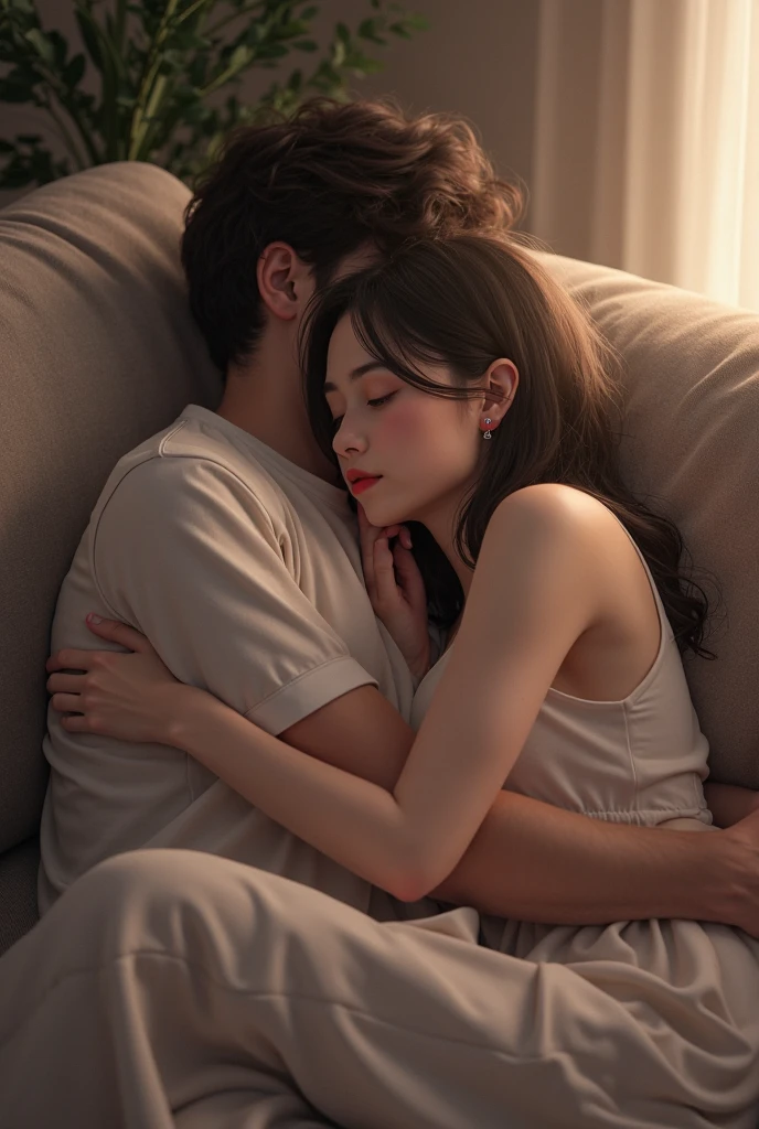 a man and woman laying in bed together, touching her clothes,