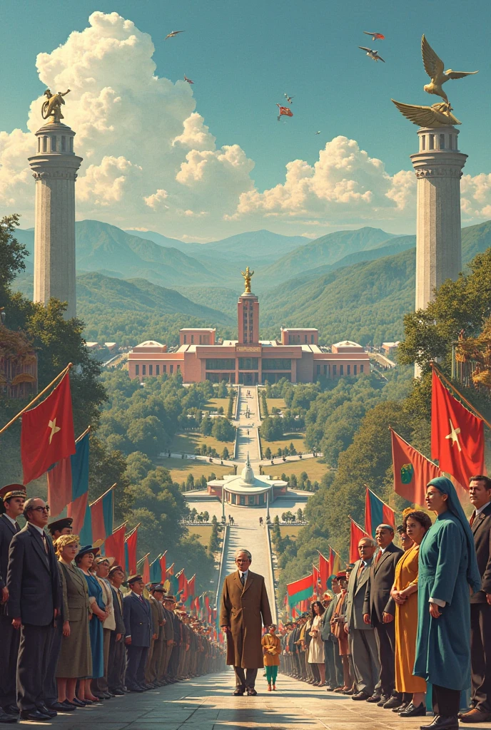 Hammer and sickle composition, communism, installation with happy people, ideology