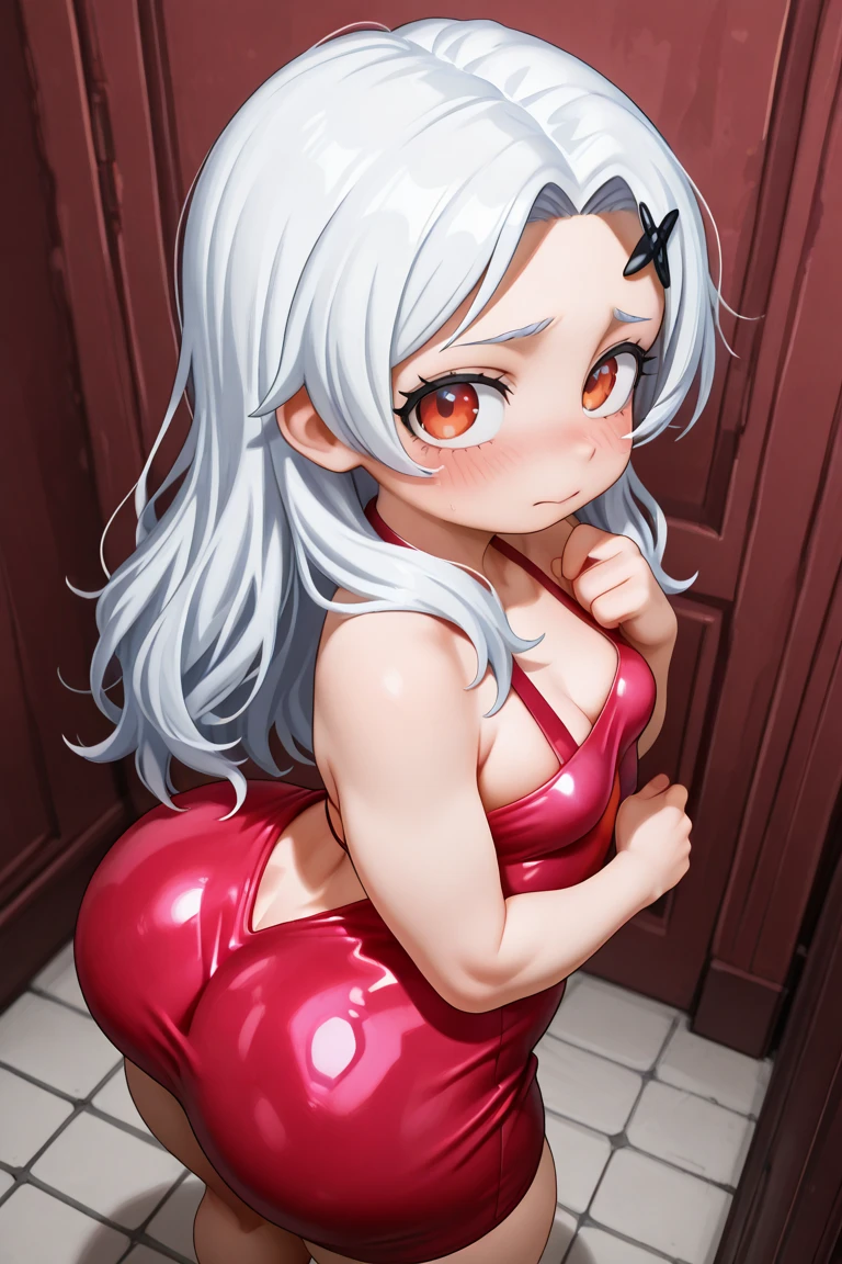 Noelle making seducing face and totally naked and throwing milk from nipples and getting fucked by cock in bathroom and she is wearing red high heels