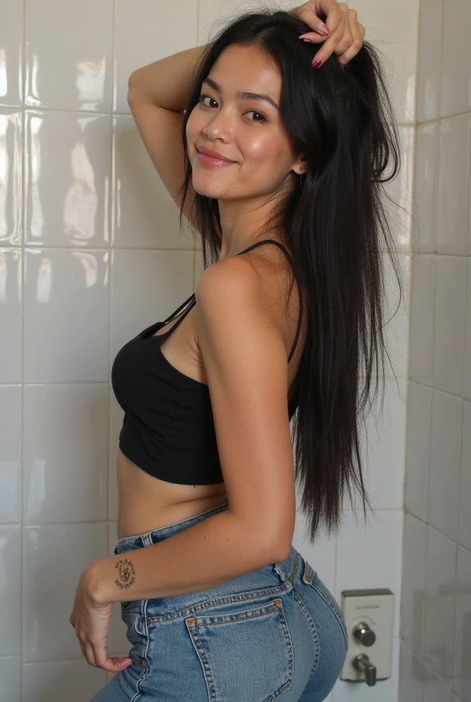 Raw photo for a beautiful woman and big smile form her face and black hair ultrarealstic girl