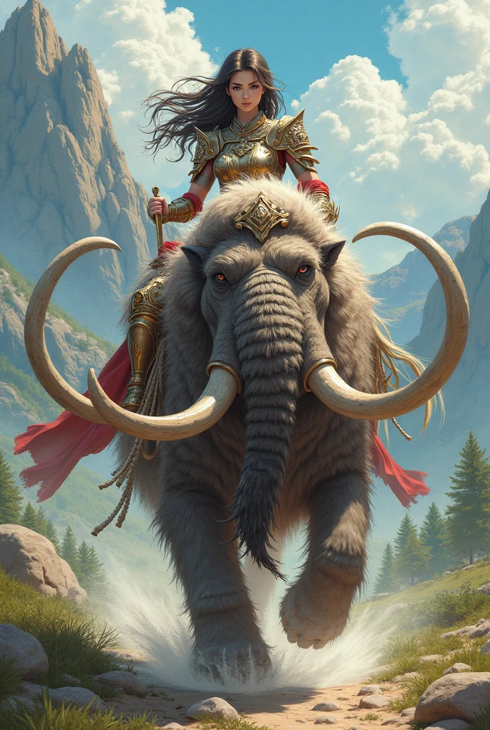 two women Riding an giant elephant, a mature female, many soldiers outside, female muscle, full body, stand, cinematic screen, ethereal, detailed, alluring succubus, ethereal beauty, perched on a cloud, (fantasy illustration:1.3), enchanting gaze, captivating pose, otherworldly charm, mystical sky, soft colors, (detailed cloudscape:1.3), (high-resolution:1.2), ((masterpiece)), (best quality), HDR, ((masterpiece)), (best quality), HDR, FEMME, Mirela Anton art Style, artistic, Soft color palette, windblown flowers, Sparkle, magical photography, Soft smooth lighting, Light background,[light smile], expressionless, On a vain this grand ancient battlefield, the ancient army engaged in intense combat with war chariots rushing forward and ancient warriors wielding swords and engaging in fierce battles. Blood splattered, weapons and armor were broken, and battle flags fluttered in the wind, symbolizing victory and glory. The war chariots charged forward, causing the ground to shake and metal sounds to ring out like thunder, stirring the enthusiasm of the warriors. The entire battlefield was filled with swords, blood, and flesh flying around. The warriors fought with all their might, exchanging their lives and blood for the victory of this war. The dust and smoke on the ground spread, and with each sword and explosion, the entire battlefield became even more majestic. However, the cost of the war was tragic, with countless soldiers falling on the battlefield, and their sacrifice was etched into the glorious history of the nation. hdr, (photorealism, masterpiece quality, best quality),
