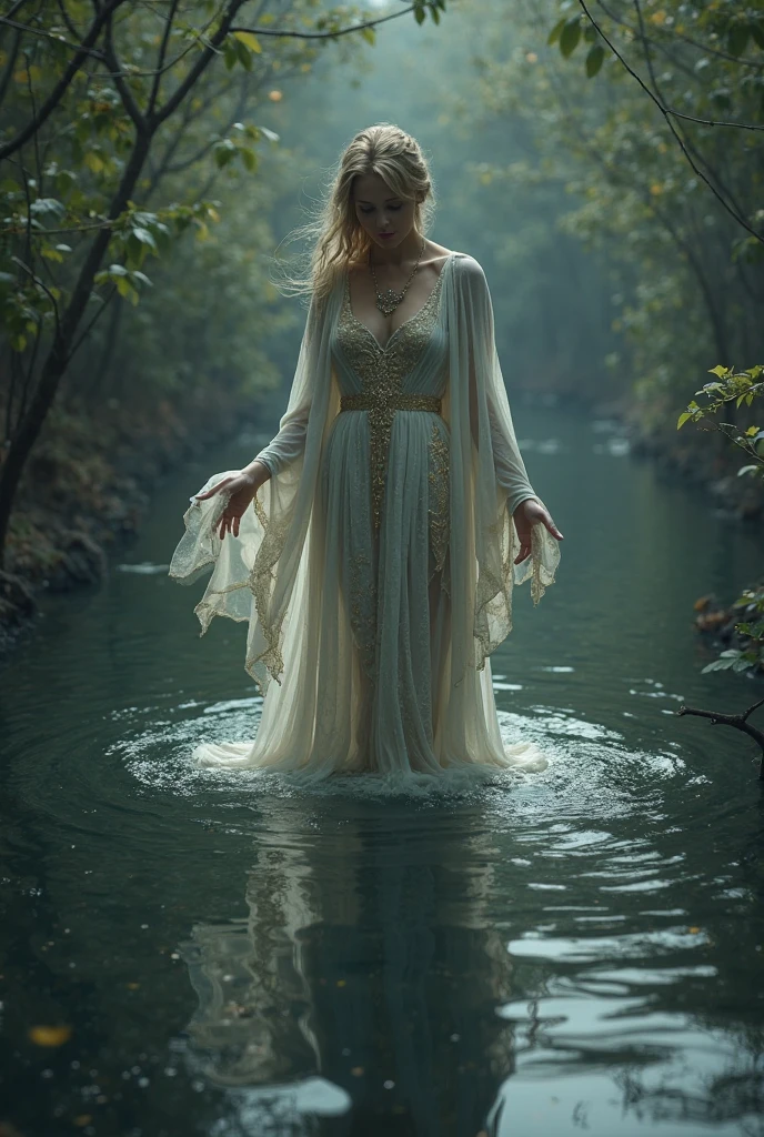 In the moonlit haze, a solitary figure of a girl, Sxhiya, graces an ancient stone bridge draped in diaphanous white robes and a cascade of pearls that shimmer like liquid moonlight. Her alabaster skin glows with an otherworldly beauty, her eyes are pools of deepest sapphire, and her melancholic smile speaks to a longing for a past that has been lost forever. Her long, golden hair flows behind her like a waterfall of sunlight, framing her flawless visage as she stands upon the bridge, captured by the low-key dramatic lighting that casts long shadows upon the stone structure and the serene river below. The ivy-covered gothic architecture, the overgrown vegetation, and the mist that rises from the water all contribute to an atmosphere of enchantment and sorrow, as if Sxhiya is a captive of her own dreams, forever trapped in a world that no longer exists. <lora:svygli18fde1288ffv618:1>