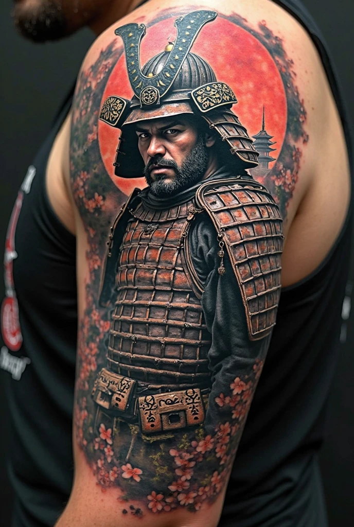 Arm tattoo with samurai and asian style clouds