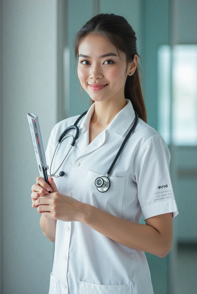 A cute tabby kitten dressed as a nurse, wearing a white nurse outfit with a stethoscope around its neck, looking directly at the camera with a soft background
