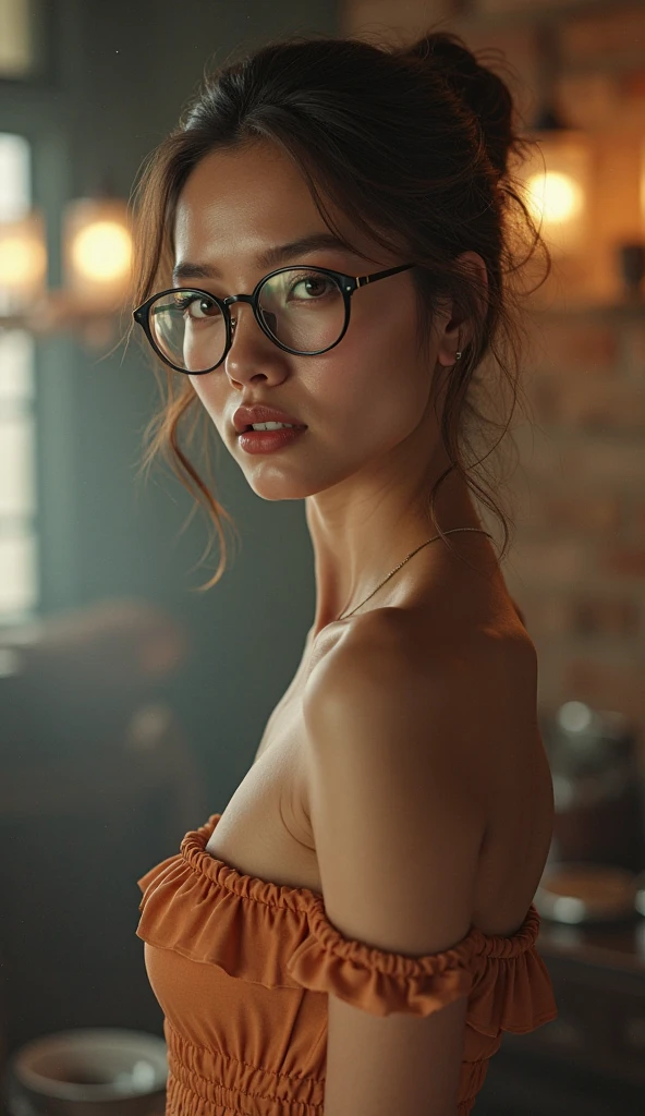NUDE GIRL,asian, beauty, sexy, large , confused, wearing glasses, little brown skin tone, having sex with a man