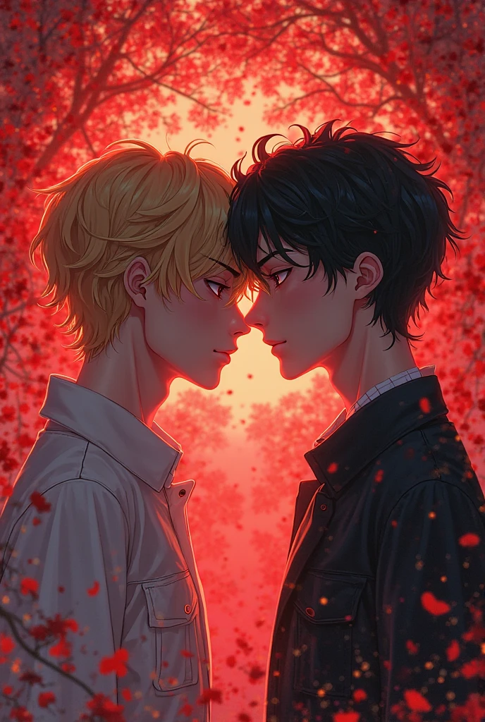 Naruto Uzumaki and Sasuke Uchiha looking in love, with suit and with blood splatter details and rose petals around