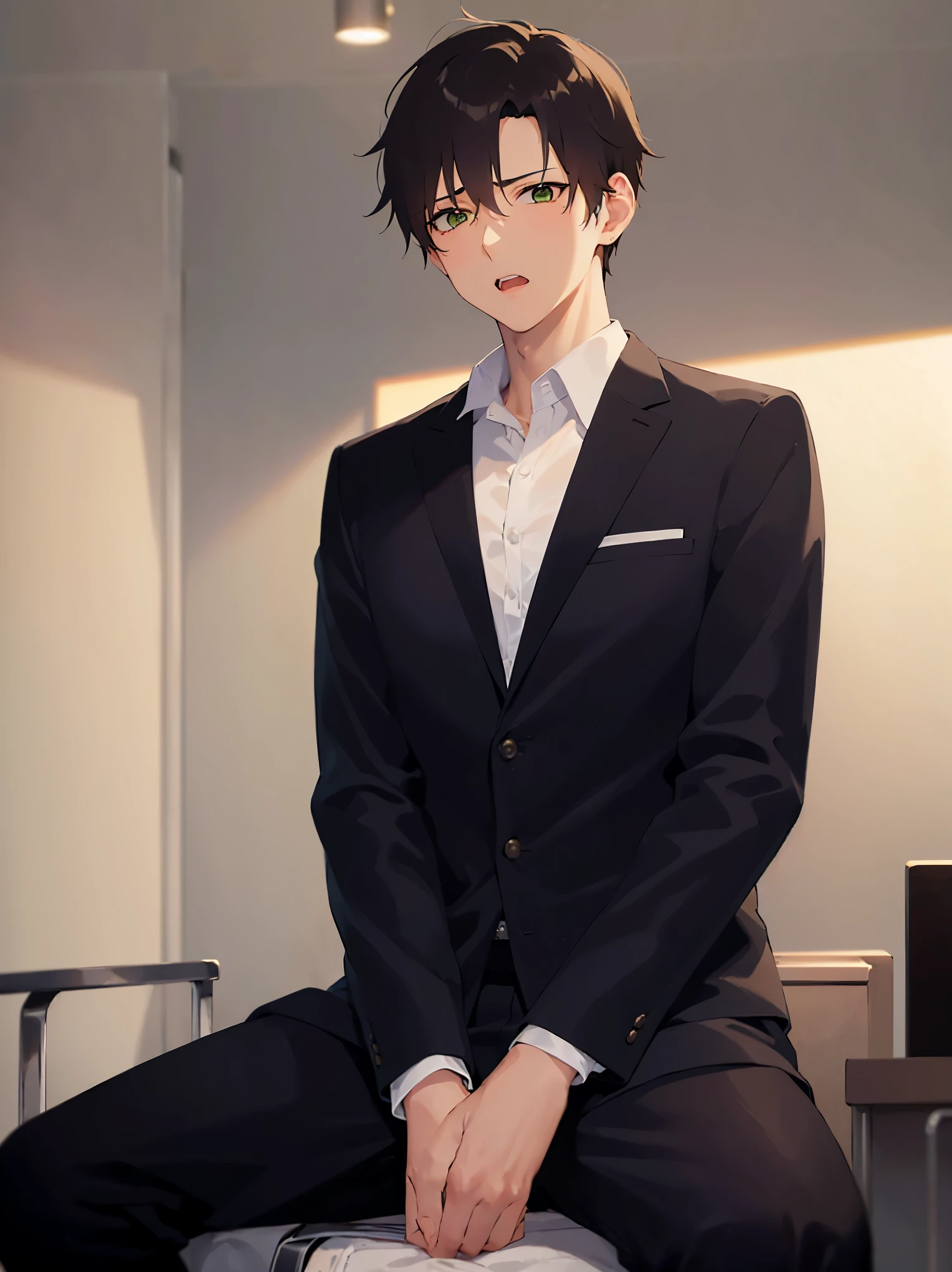 (1 Adult male),A high resolution, Sharp focus, Pixiv masterpiece, ((Complicated details)), highly detailed, natsuki_subaru, 1 man, with her mouth open,full bodyesbian,sit astride, Red eyes(Red pupils,eyes glowing), with short white hair,white shirt,Wear a tie,Wear a belt,perspire,look from down