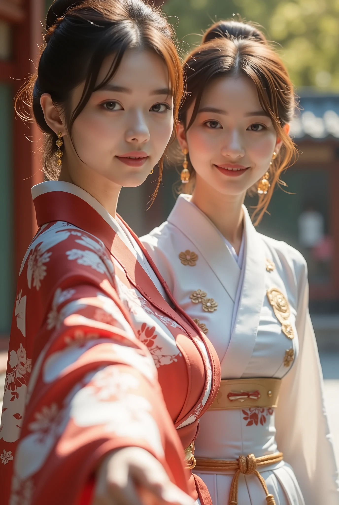 (( top quality 、In 8K、masterpiece:1.3)) (two women)、reach out to the camera and shake hands、Two people walk through the temple、short hair、Kimono with a detailed pattern、gentle smile
