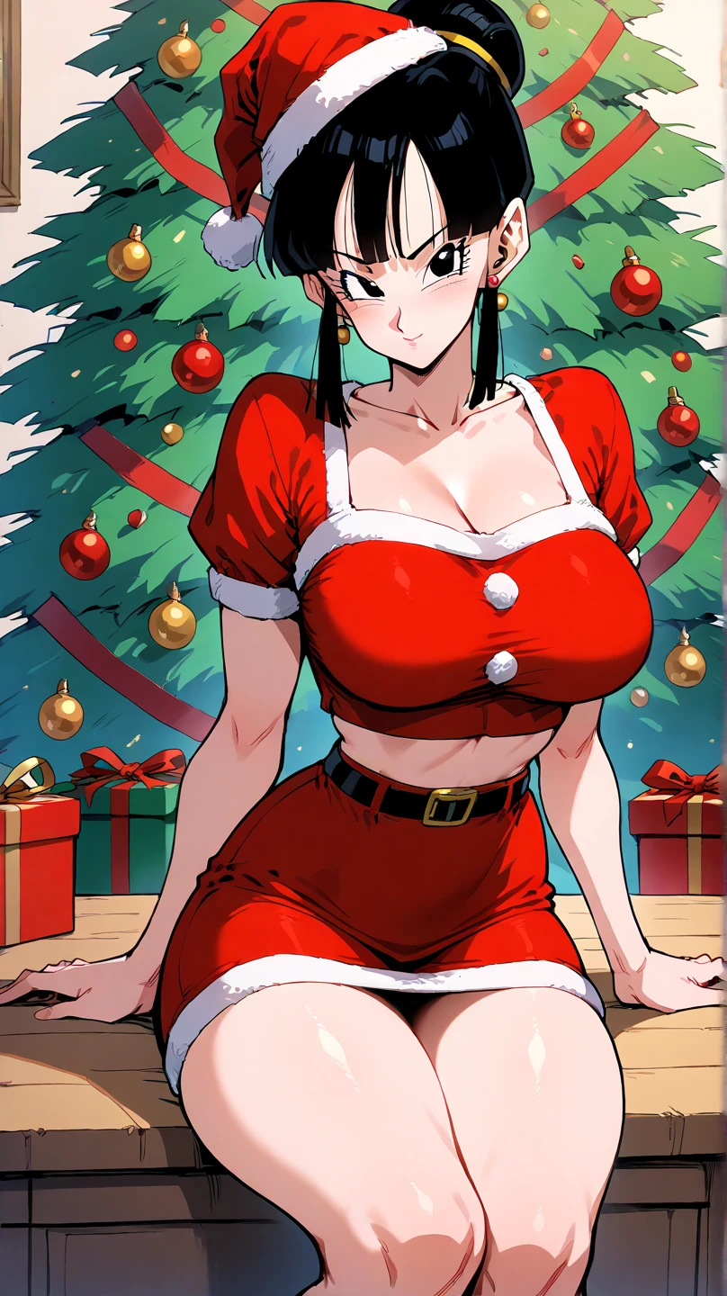 sexy, Piernas gruesas, Minivestido rojo con detalles festivos., combinado con tacones a juego para un conjunto elegante y festivo, (((christmas beasts)) (sarada) ((Big breasts))