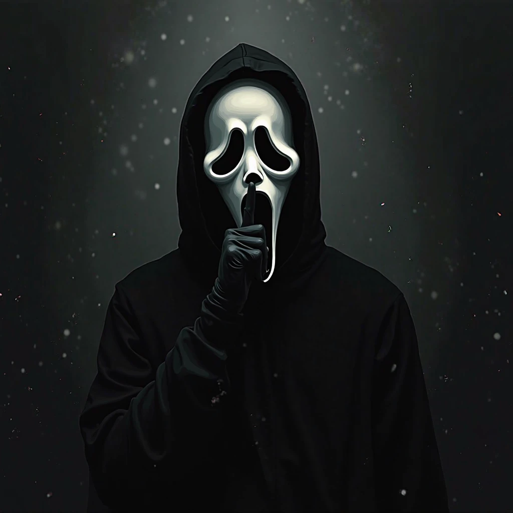 Ghostface, the iconic character from the movie Scream, is depicted in a scene with deep red lighting, creating a tense and unsettling atmosphere. He has his hand on his face as if pretending to be sad, but the expression is even more sinister due to the white, macabre mask. The camera is closely focused on his face, capturing all the details of the mask, including the dark eye sockets and the elongated, disturbing shape of the mouth. The background is completely dark, allowing for the upper half of the image to remain clear and unobstructed, providing ample space for text. This dark background in the upper portion seamlessly integrates with the overall ominous tone, making Ghostface stand out as if emerging from the shadows