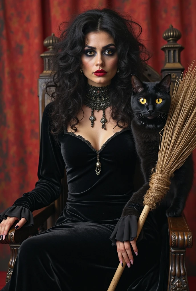 witch woman, white and a little chubby. With long chocolate colored hair, with tattooed arms. Sitting on a throne made of amethyst stones. On the woman&#39;s lap there should be a black and yellow scaled cat with yellow eyes.. At the feet a large dark brown labrador dog wearing a pink collar
