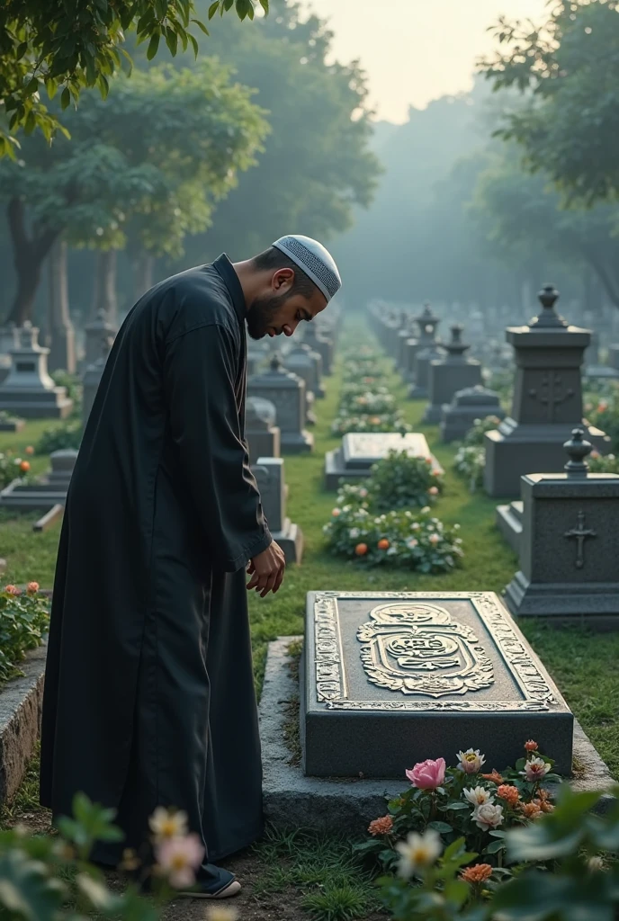 generate me a iMage of muslim man with small beard standing a grave of his mom in a normal graveyeard in tradition kurta shalwar in front of grave of his mother with tears in his eyes