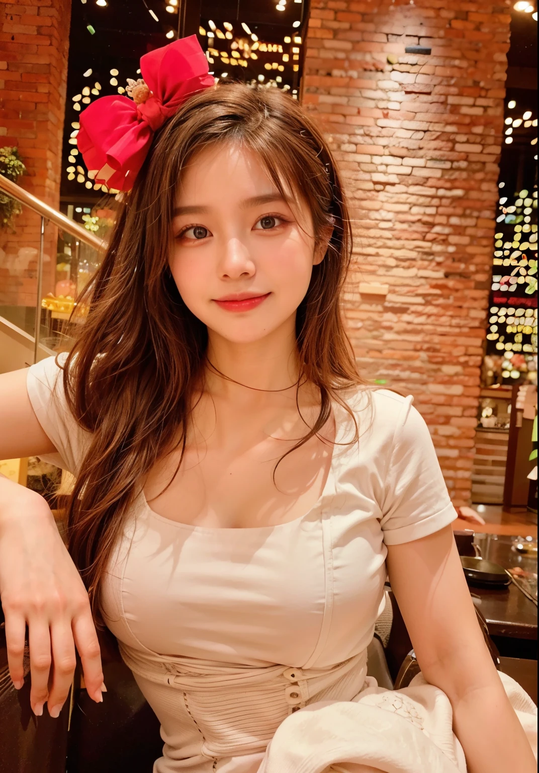 UHD, close-up of cute Korean female,Chest size 32 inches, ponytail, Wearing t-shirt, necklace, rest one's chin on one hand in the cafe
