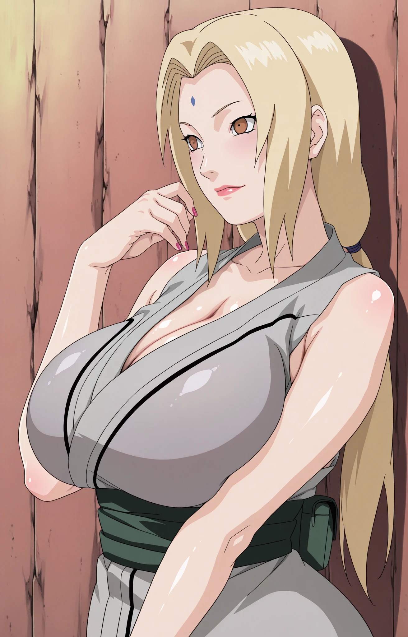 Meisterwerk,best quality,Atemberaubend realistisch, Sharpness,Tsunade Senju,auf einem Stuhl sitzen,very huge ,She clenches her breastsNSFW,nudex,show boof body