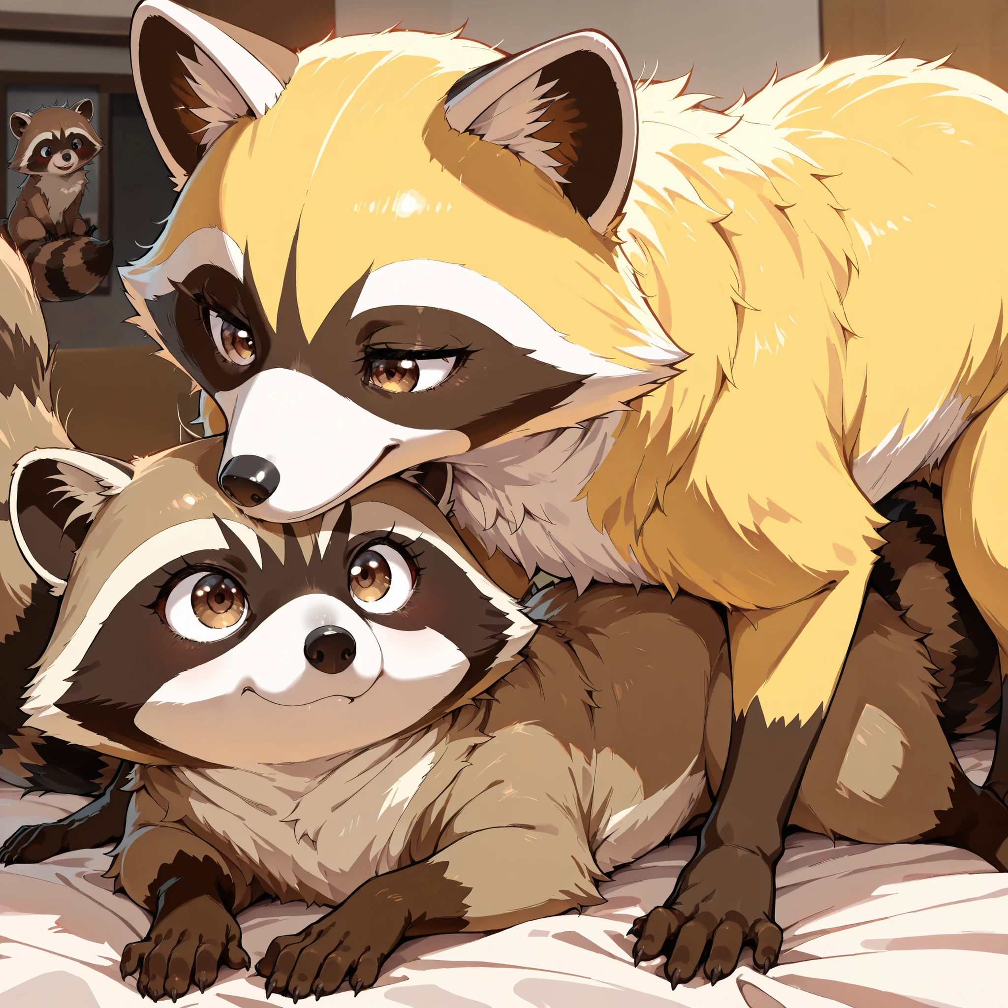 ((Best Quality)),( super high definition),(Super detailed),( detailed description ),((The best CG)),(masterpiece), 2animals, There are two different animals, one is a raccoon and the other is a fox,in animal form:1), (raccoon and fox are best couples ,(the fox is very cute,the fox has yellow fur and white face)