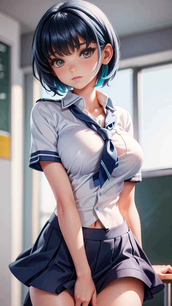 blue short hair, school uniform, beautiful , lift shirt