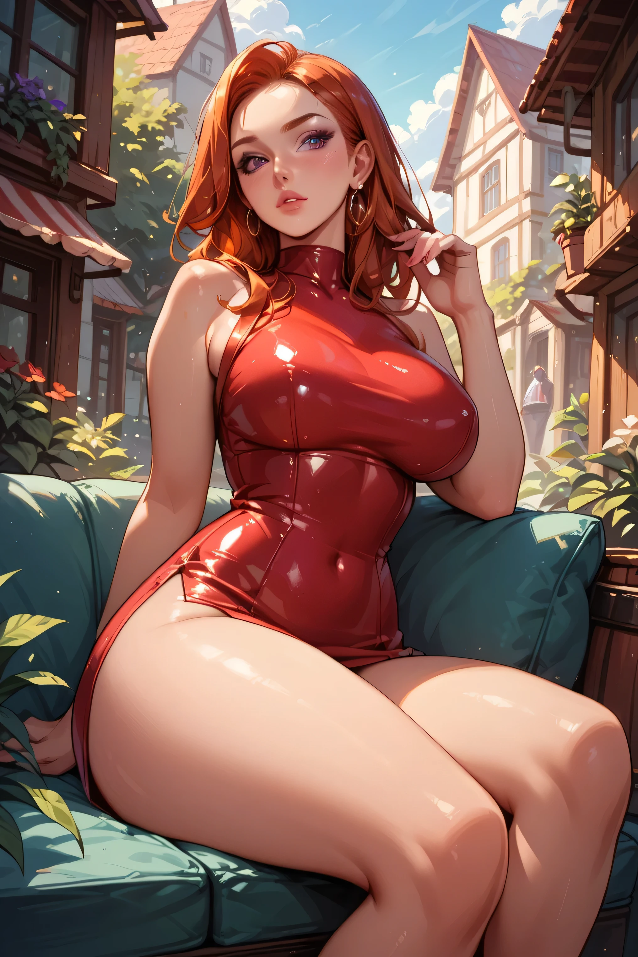 ((Masterpiece)), 8k wallpaper, kousaka honoka, blue eyes, beautiful ,detailed body part details,looking at viewer,(red latex bodysuit:1.2),red gloves, fake cat ears,((hourglass body)),(sexually suggestive:1.2), standing , upper body 