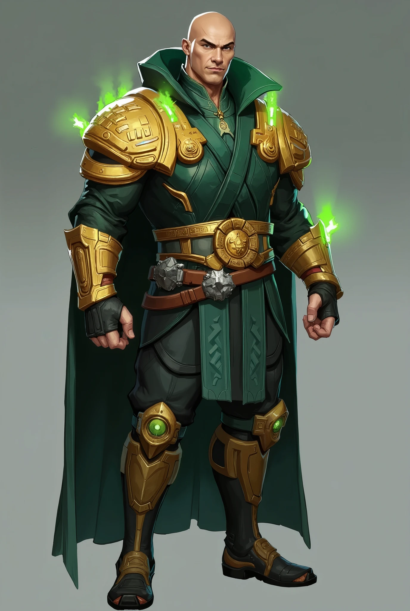 Imagine Wong’s (bald Asian man) appearance concept for Marvel Rivals, a competitive team-based action game created by NetEase Games. Wong is a Specialist hero focused on battlefield control and magical utility. He wears a layered dark green and gold battle robe with reinforced shoulders inscribed with glowing mystical runes. A wide belt holds relics and charms, while golden vambraces and shin guards feature protective spellwork. His short cloak shifts shape with spellcasting animations, and his eyes glow faintly with arcane energy. Wong’s abilities include tethering glyphs, teleport portals, and a massive levitation-based crowd control ultimate inspired by the Book of Vishanti. His visual effects blend traditional sorcery with dynamic team tactics.