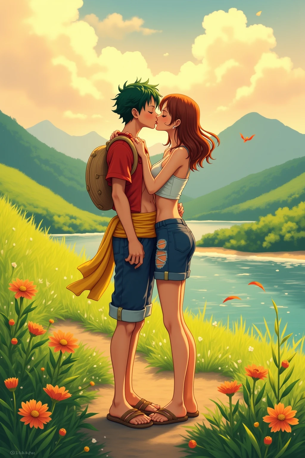 Long shot, full body, (1girl and 1boy, kiss), Luffy and Nami_\(One Piece\), Scenery of Youth
