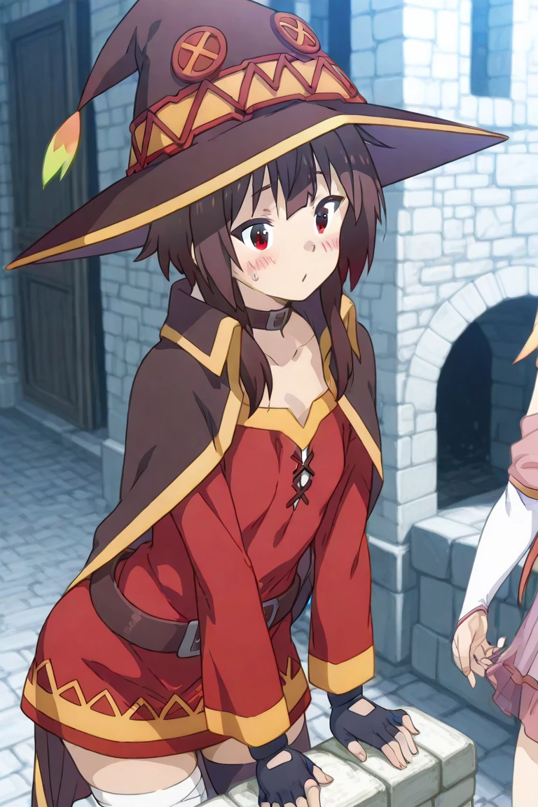 masterpiece, best quality, high resolution, best illustration, super fine illustration, (official art:0.6), (anime screencap:1.2), detailed beautiful face and eyes, anime keyvisual, (perfect anatomy:1.1), 8k portrait, (detail focus fingers:1.5),
1girl,
Megumin \(konosuba\),
short hair with long locks,
brown hair,
(red eyes:1.2),
witch hat, black choker, black gloves, fingerless gloves,
small breasts,
off-shoulder dress, red dress, brown cape, long sleeves, single thighhigh, asymmetrical legwear, bandaged leg,
smile,
looking at viewer,
cowboy shot,
dynamic pose,
natural light, background of outdoors, (forrest), nature,