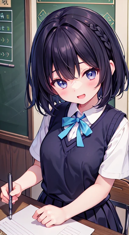 Super precise and super detailed anime illustrations,
Bend forward and support the breasts with both hands,
black short hair,big breasts girl,16yo,,
black rabbit ears,
laughter,focus in bust,school room,