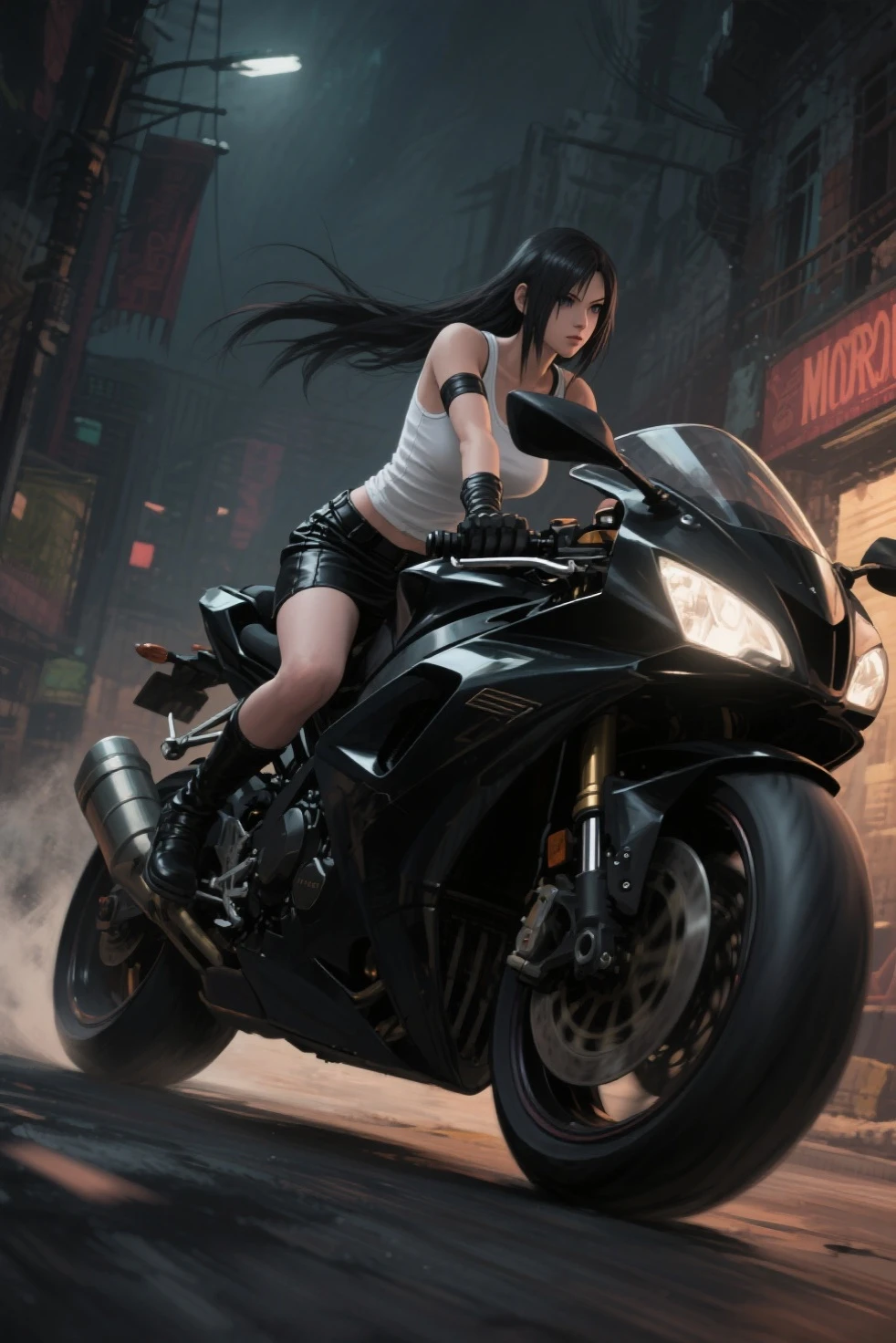8k, Realistic Skin Texture, Realistic Photo, Neo Tokyo, slim women, large-breast:1.4 cleavage:1.3, AD2050 at night, Dirty hunting jacket, Wearing tube top, miniskirt, (((black sunglasses, automatic rifle, sneakers, cold, shooting pose, very low angle view))), (((((((half-body (thigh level) medium shot))))))), Innovative composition, revenge, cyberpunk, blade runner worldview, Large neon sign, Geisha hologram sign, Strong Wakamoto Sign.