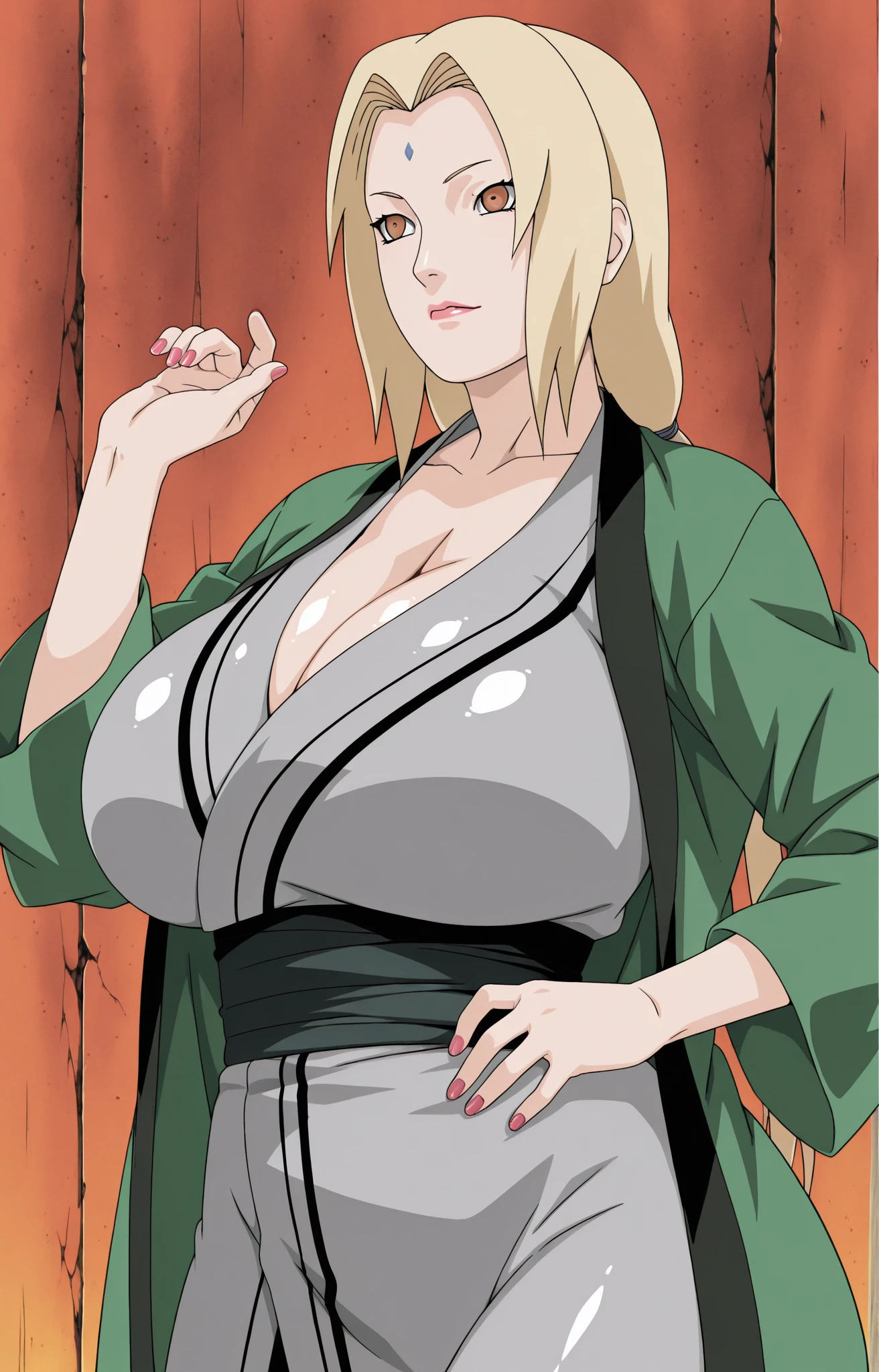 ((1girl)),((alone)), Tsunade senju,(masterpiece), (best quality), (ultra detailed), (best illustration), (best shadow), (absurdities), sharp focus, cowboy photo , looking at the viewer, big breasts, narrow waist, wide hips, medium thighs, round butt, dynamic posture, naughty face, breasts out, green coat, beautiful, blonde hair, long white hair, with brown eyes, red lips, pencils lipsticks, pub, smile, red face , huge breasts, indoors, perfect eyes, mature woman, assertive woman, separated breasts, gray pants, flashing, shirt pull, , seductive smile, closed mouth, (sexy pose: 1.2), alone, standing: 1.3, interior, Hokage's office, desk, window, sunset, looking forward ((focus on breasts)), point of view (from the middle), red blush, perfect anatomy, perfect hands