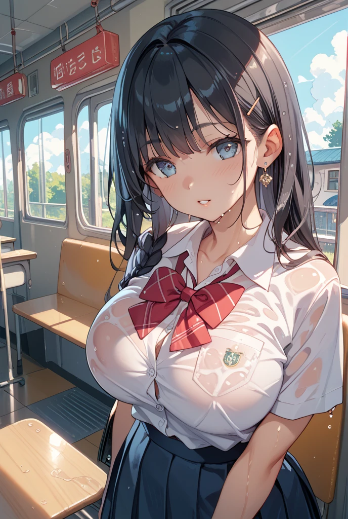 masterpiece, best quality, ultra high res, ultra-detailed, inside a crowded bus, day, beautiful city landscape, 1 young girl, slut, (black hair: 1.3), (brown eyes: 1.3), (long twintails hairstyle: 1.4), (full lips: 1.3), (hairy pubic hair: 1.2), (giant tits and giant cleavage: 1.6), (petite body: 1.5), (white blouse: 1.3), (blue pleated skirt: 1.3), (red tie: 1.3), (wet white pantyhose: 1.3), (she is vulgarly sitting between two men on a crowded bus while doing a fellatio and while she has an extremely embarrassed look and a red face: 1.6)