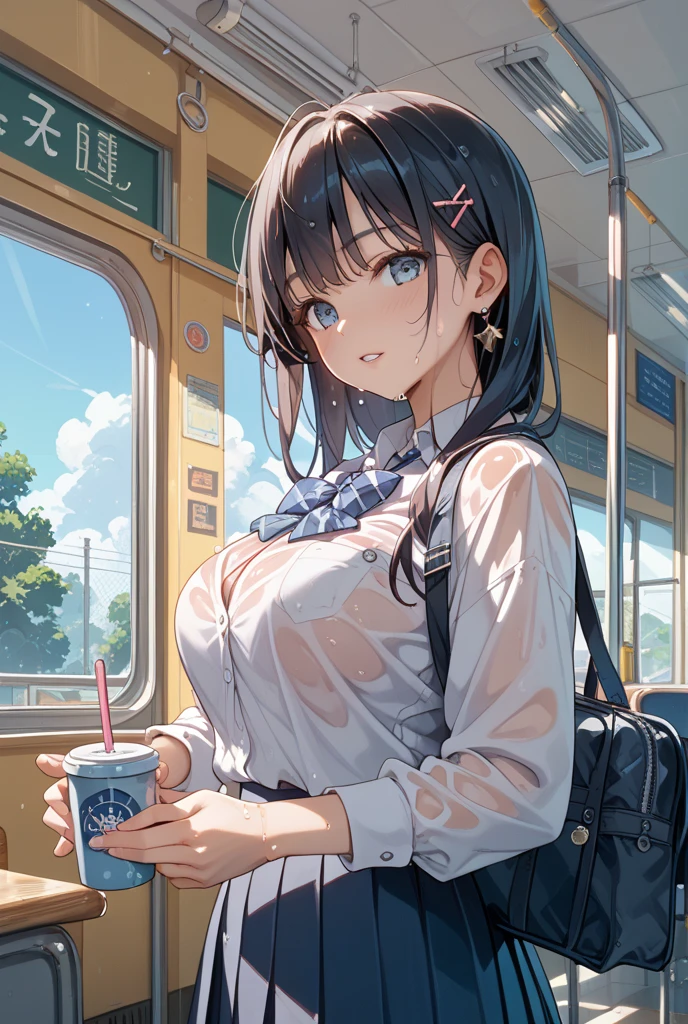 shiho Nishizumi,Blue jean jacket,Jeans pants,Semi-long hair,Ashime Hair,Brown Hair,Black Eyes,Big Breasts,Smiling expression,From the side,Inside the train,seat,Hold a drink in your right hand,At least one backpack, Beautiful image quality,slightly muscular,Hold a shopping bag in your left hand,