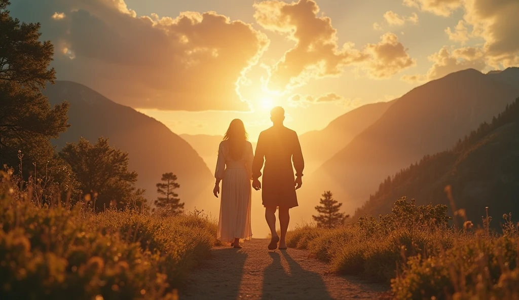 HD 8k couple snuggled up on the mountain watching the sunrise woman with long hair man handsome with happy smile on his face silk clothes beautiful fantasy