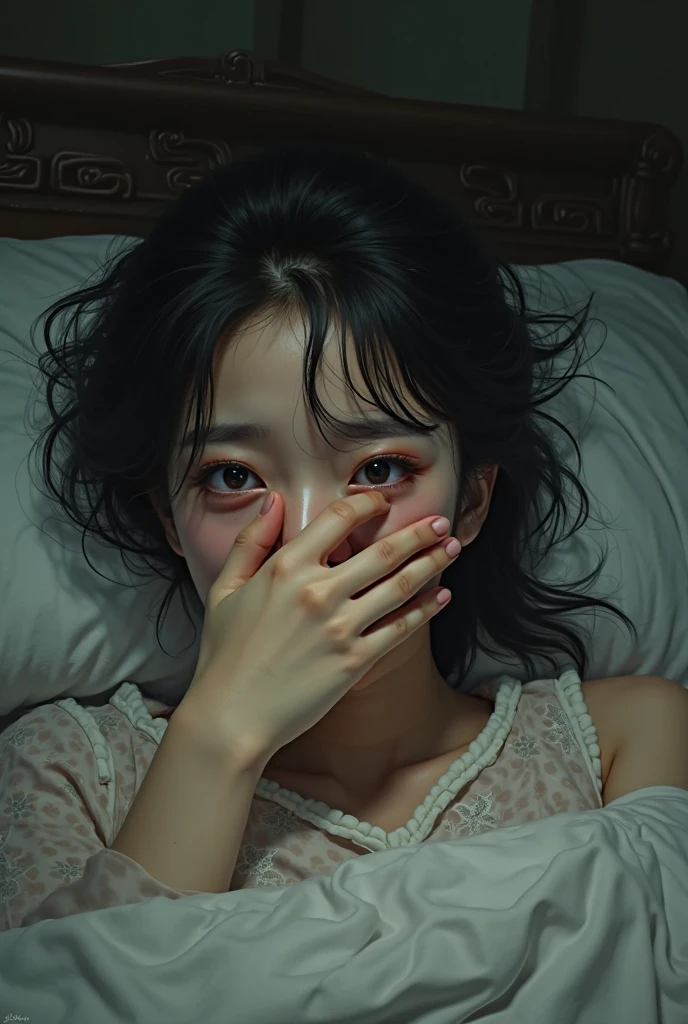 bed、Dimly lit room、Crying face、Cover your mouth and nose with one arm、Looking into the camera、、Cute type、Japanese women、Selfie