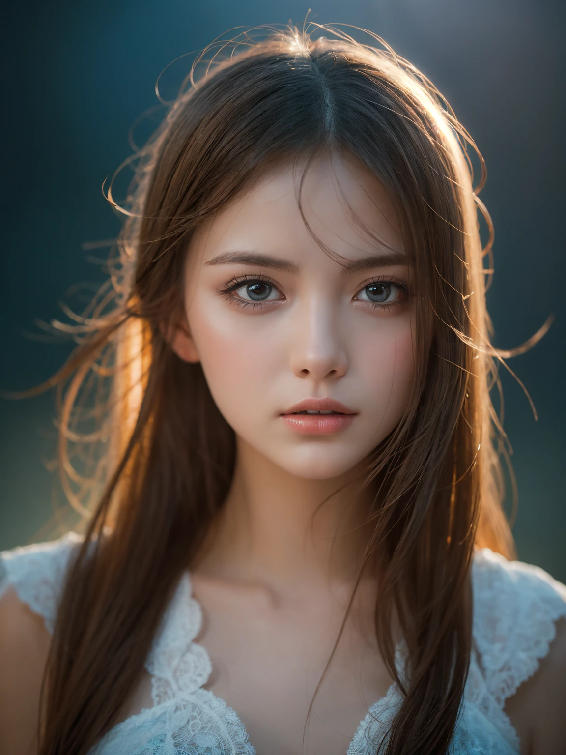 (Best quality, 8k, Masterpiece :1.3), pretty lady, 1 girl, lake, forest, dark brown long hair, wavy curly hair, detailed blue eyes, (rainy wet, wet from rain, wet body :1.2), white crop top, ultra-detailed face, detailed lips, Super detailed eyes, double eyelid, long upper eyelashes, soft textured skin, 8k, super detail, UHD, retina, highres, award winning,