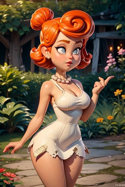 ((masterpiece, best quality)),(complex lighting) ,full body, solo, wilma flintstone, red hair, ponytail, <lora:Wilma_Flintstone1:0.8>,white dress, pearl necklace, lipstick,