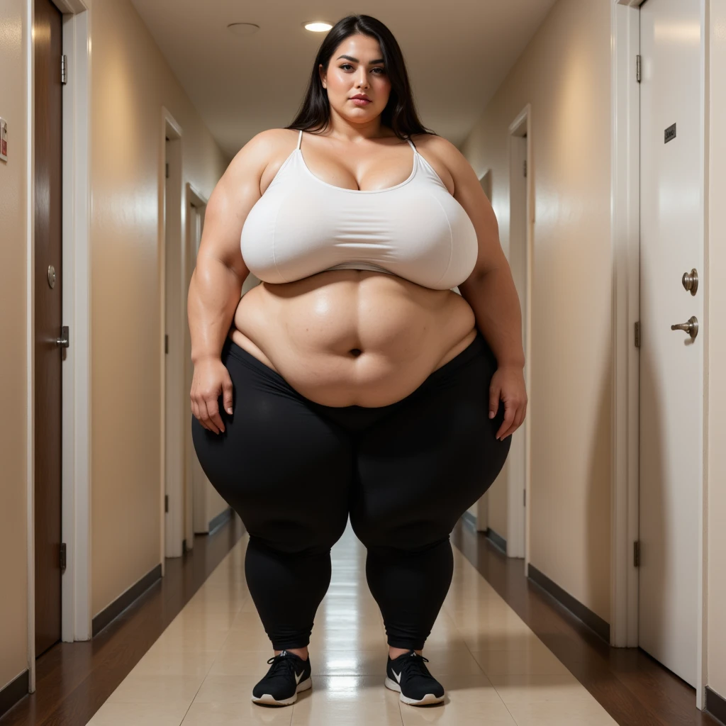 masterpiece, best quality, live action photo, 140kg extremely obese woman, large stomach, lateral view, side view
