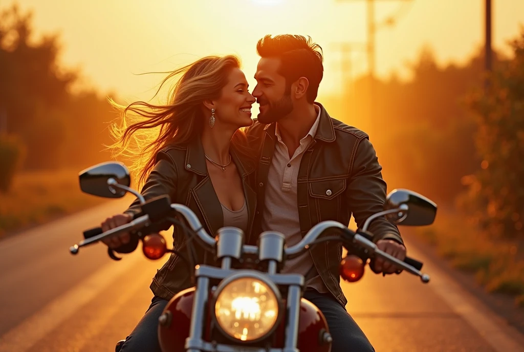 Woman with white skin, long brown hair with brown eyes and nice smile sitting next to a man with white skin messy black hair and fit, the two of them sitting on a motorcycle