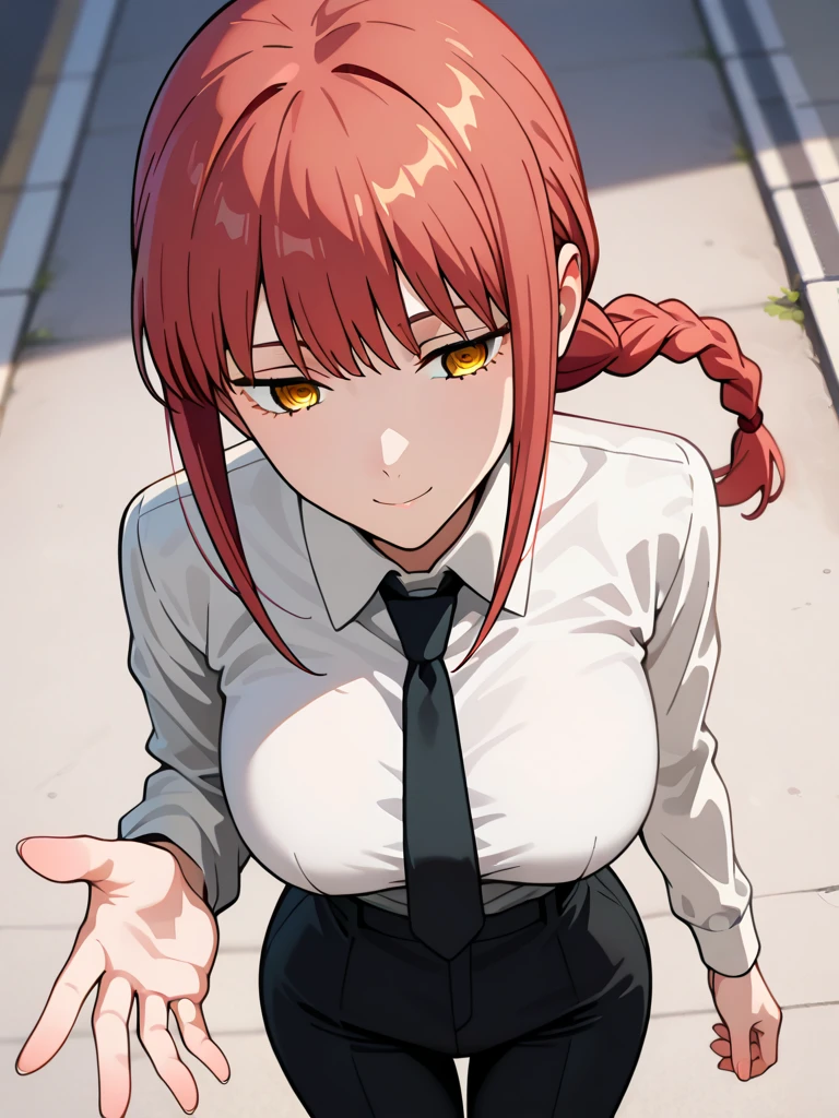 (masterpiece), (best quality), makima with Avril Lavigne's face (chainsaw man), best quality, ultra detailed, 1girl, solo, standing, red hair, long braided hair, golden eyes, bangs, medium breasts, tie, look, smile, (bad: 1.2), looking at the viewer, (interview: 1.3), (dark background, chains: 1.3) breasts out,