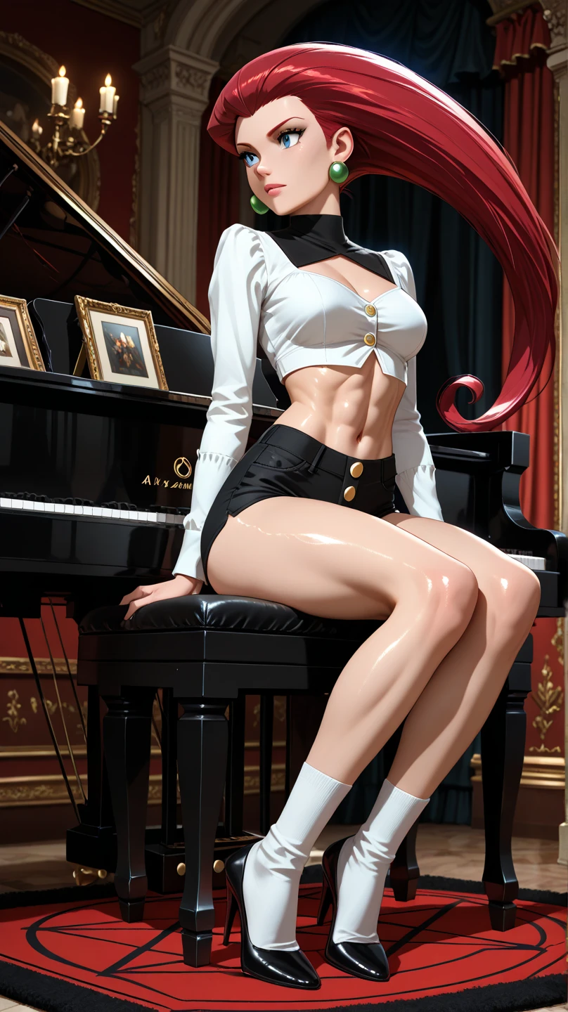 (realisticlying, tmasterpiece, A high resolution, best qualtiy, ultra - detailed, detailedbackground:1.2), 1girll, with brown eye, Messy short brown hair, perky small breasts, Bodybuilding, White-colored skin, a black choker, cyber punk perssonage, Morning, messy rooms, janelas, buliding, Gilet blanc, no brassiere, Green sports shorts, A piano, sitted, Russian style, no shoe,
