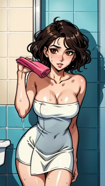 photo of mlp Meowko, RAW, beautiful woman, ((portrait)), ((detailed face:1.2)), ((anime, face, anime facial feature, clear skin, glossy lips, shiny luscious lips, clear skin), (short lesbian haircut, brunette: 1.55), (perfect proportioned body, Strong, muscular, narrow waist, narrow hips, skinny, large breasts, cleavage) (stream of creamy liquid spraying all over her face making her soaking wet:1.5)), (high detailed tropical waterfall), swimming in a pool, (realistic photo, best quality, detailed), (8k wallpaper), (cinematic lighting, beautiful light, (day:1.3)) (sharp focus, intricate)