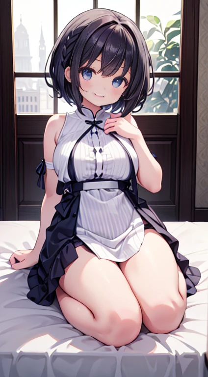 Kagamine rin , 1girl, enfermera, Gorra de enfermera, Desgaste blanco, ((Legwear blanco, Zettai Ryouiki)), Guantes blancos, cabello rubio, ojos azules, labios rosados, They are smiling, En pie, ((hospital room)), sharp outline, manga corta, La mejor calidad, Obra maestra