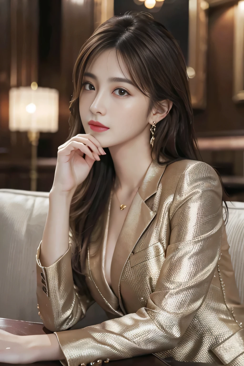 masterpiece, Highest quality, Realistic, Very detailed, Finer details, High resolution, 8k wallpaper, One beautiful woman, wear an elegant suit, In a great restaurant, At night, Light brown messy hair, Perfect dynamic composition, Beautiful and beautiful eyes、Big earrings、Sit on a chair、