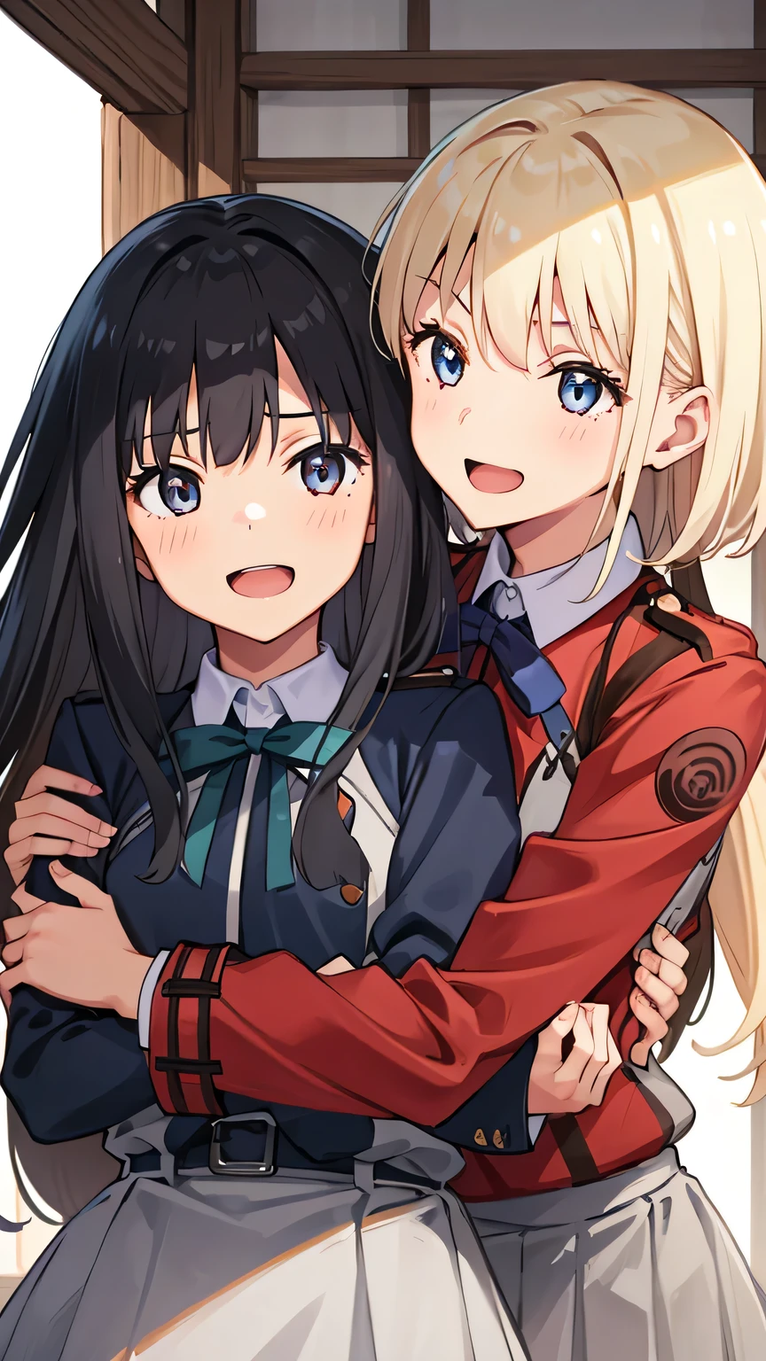 {{{masterpiece}}}, (best quality:1.5), (ultra-detailed:1.5), {illustration}, {{an extremely delicate and beautiful}}, (beautiful detailed eyes:1.6), absurdres, highres, extremely detailed face, 16k, hd, visual anime de uma jovem mulher, extremamente bonito rosto de anime, anime melhor garota, (perfect hands, perfect ), anime face, BREAK, (2girls:1.8), lycoris recoil, inoue_takina(Lycoris Recoil) and nishikigi_chisato(Lycoris Recoil), Takina Inoue is hugging embracing Nishikigi Chisato, imminent kiss, lesbian yuri, takina,lyln,inoue_takina, black_hair,long_hair, black_jacket, chisato, BREAK, lyqs, nishikigi_chisato, blonde_hair, short_hair,red_ribbon, red_jacket, BREAK, Hugging someone you love makes you feel happy. They say that when someone hugs you, it lifts your spirits and reduces stress, open mouth, smiling