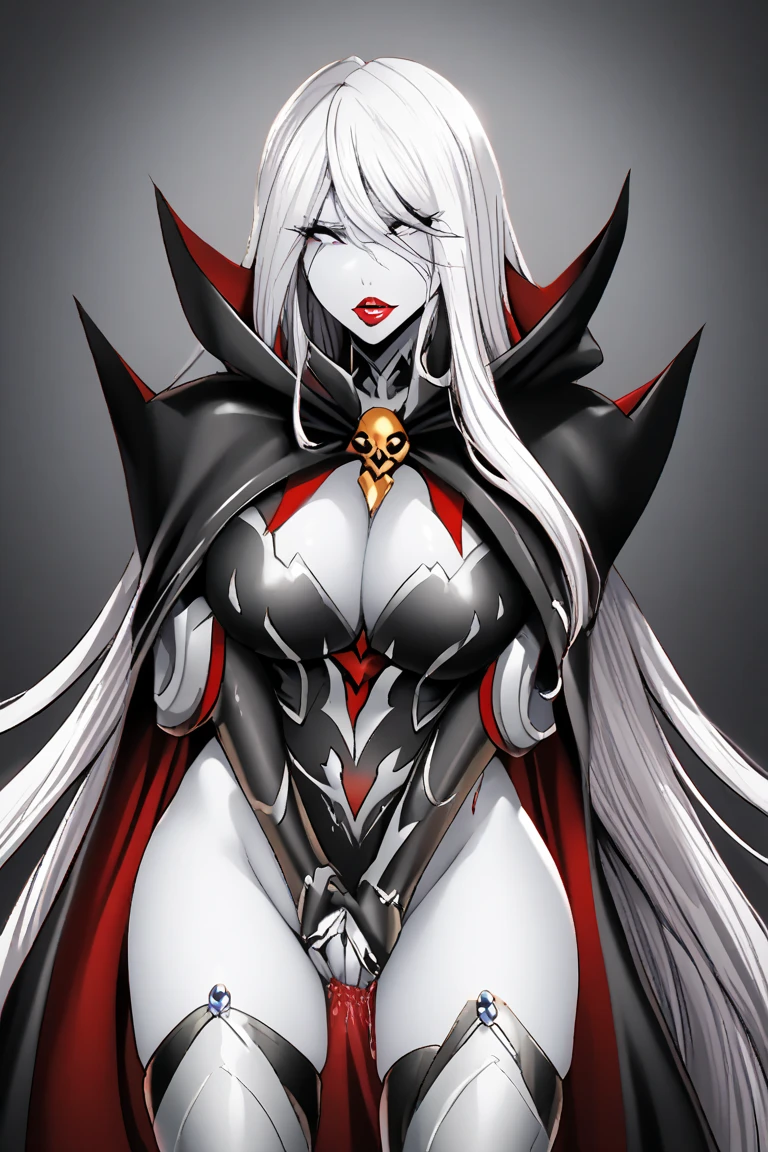 (1girl, LadyDeath), (extremely detailed CG unit 8k wallpaper),(master part), (best quality), (ultra detail), (best illustration),(wanostyle), cowboy shot, (Sharp eyeliner, ombre, detail eyes), dark dungeon interiors background, ,break , (vamptech), very long hair, white hair, white eyes, no pupils, red lips, black cape