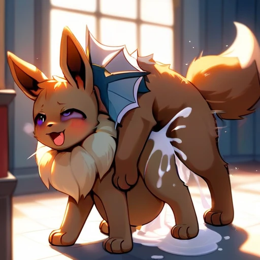 insert erect penis tip squirting cum on renamon. cum streaks all over penis.