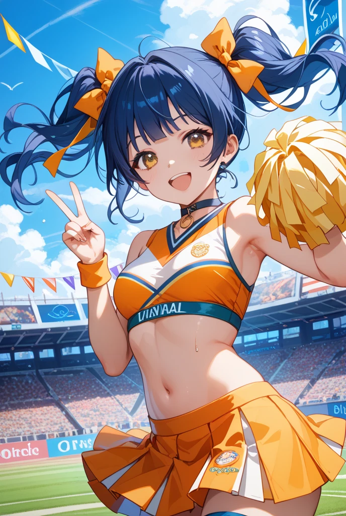 solo,(dutch angle),black hair,straight thin ponytail,big forehead,closed eyes smile, off-shoulder, cheerleader,Enchanting chest、Bare skin side boob、medium breasts,(cheer model action pose),close up face,