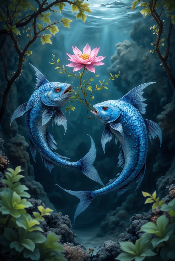 The two fish in the center of the composition: A blue scaly fish with powerful big fins holds a beautiful seaweed that looks like a flower in its mouth and hands it out to another cute bright blue scaly sophisticated long fish waiting to look at the first one, Around seaweed, dark seabed, light penetrating through the aquatic environment from above, (compositional fish together vaguely resemble a heart), (The green algae in the foreground are blurred and fuzzy), DMT Egodes and Zuzislav Becksky, ultra realistic digital painting, extremely detailed and amazing works of art, fantastic art, soft and surreal style, Vivid fantasy, distinguishable shades and colors, Highest detail, high resolution, lots of air  , (masterpiece). bright shades, [bright светing].