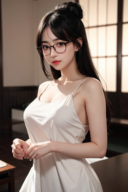 Nikon RAW photo,8 k,Fujifilm XT3,masterpiece, best quality, realistic, photorealistic,ultra detailed,1girl,solo, close up portrait, diamond stud earrings, ponytail black hair, hazel eyes, serious expression, black blazer ,white shirt, white blouse, standing in bedroom, saika1, medium breast, white bra, breast cleavage, sexy, mature female, with glasses,